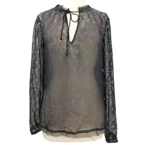 Calvin Rucker Black Sheer V-Neck 100% Silk Tie‎ Blouse Top Size Medium Fairygoth